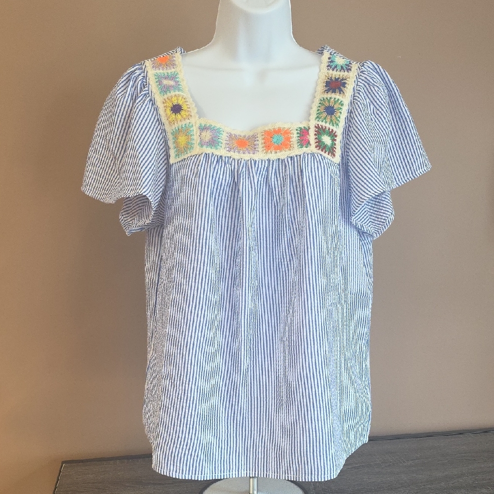 Striped Blue Top with Embroidered Accents